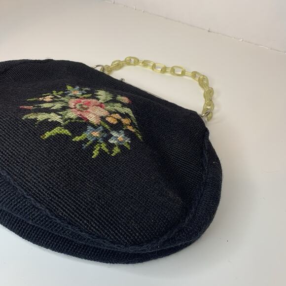 Vtg Needlepoint Purse Handbag Floral Tapestry Acrylic Lucite Close Chain 1950s - Picture 4 of 13